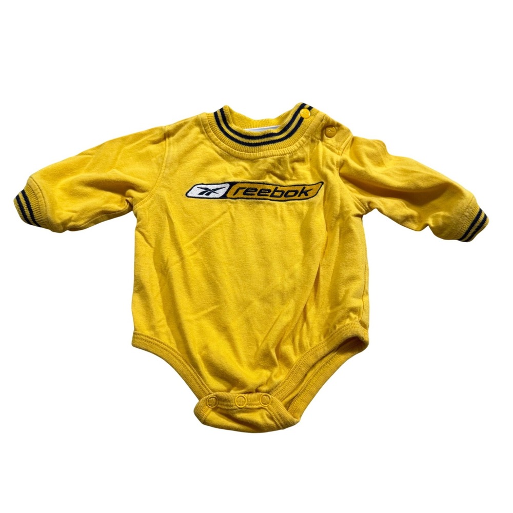 Vintage Style Baby Reebok Bodysuit 3-6M Yellow Retro Logo Snap Romper Sporty